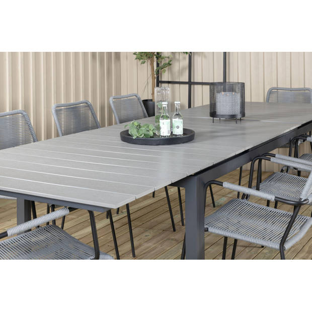 Levels tuinmeubelset tafel 100x229/310cm en 8 stoel armleuning Lindos zwart, grijs.