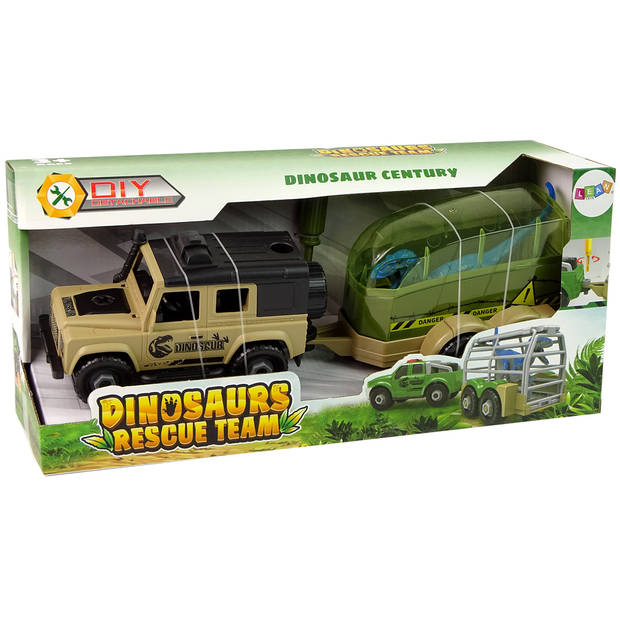 DIY Speelgoed dinosaurus terreinwagen met trailer en dino