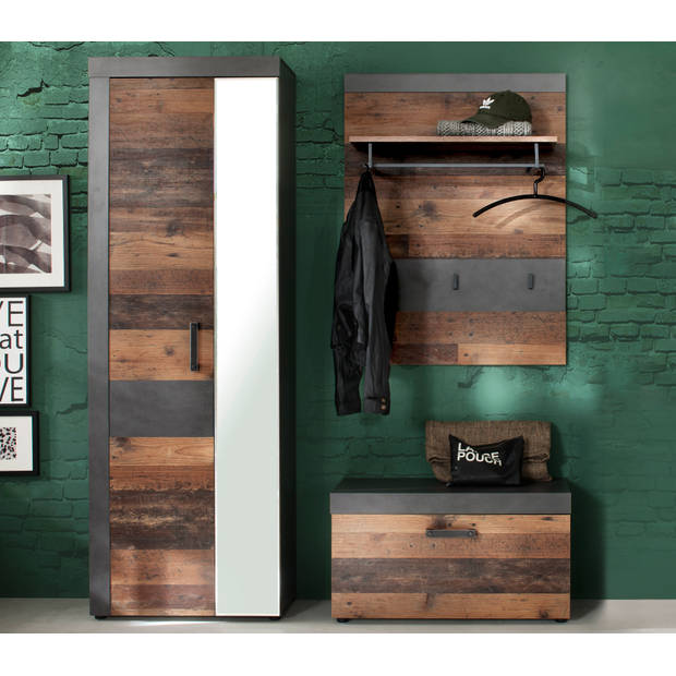 Irwin garderobe opstelling B, grijs Matera decor, Old Wood decor.