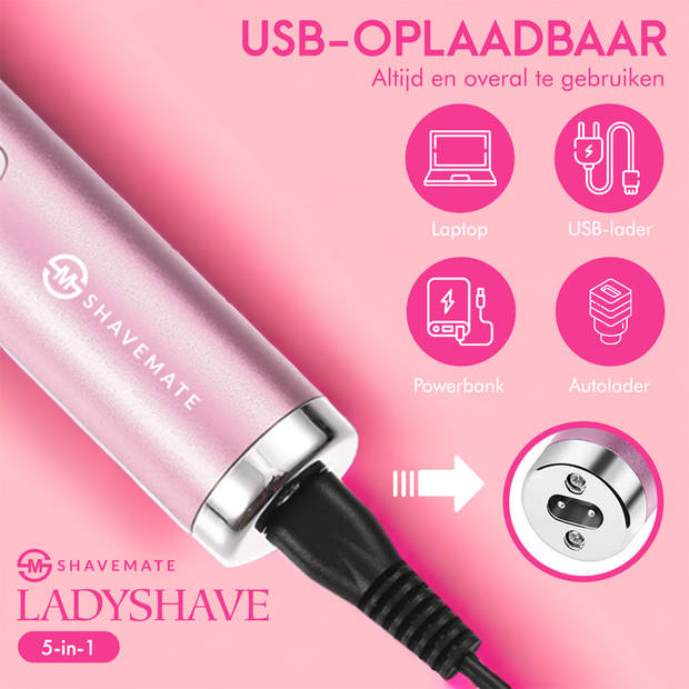 MM Brands 5 in 1 Ladyshave voor Vrouwen - Trimmer Vrouw - Haarverwijderaar - Roze