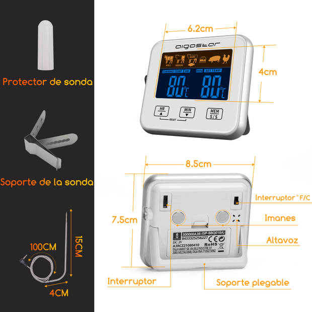 Aigostar Magnetische Digitale Kernthermometer Met Keuken Timer Alarm - Magnetische Vloeistof/Vlees Temperatuurmeter