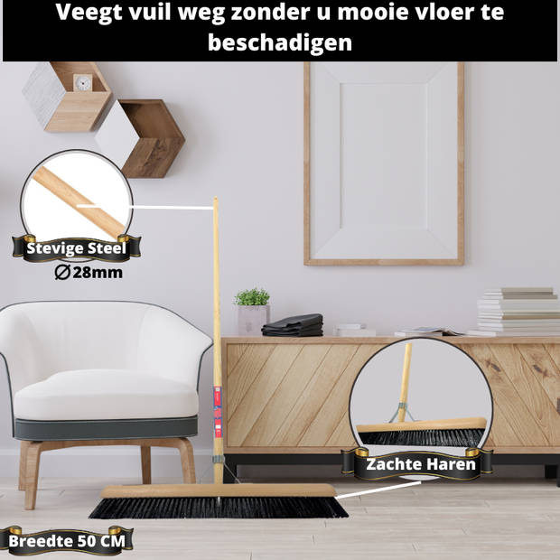 Synx Tools Zaalveger 50cm - Paardenhaar / Kamerveger - Zachte bezem 50 cm - Bezemsteel - Besem Veger schoonmaken - Bezem