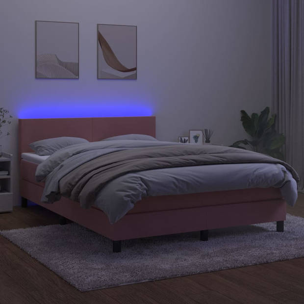 vidaXL Boxspring met matras en LED fluweel roze 140x190 cm