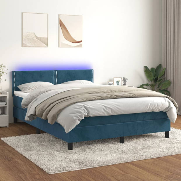 vidaXL Boxspring met matras en LED fluweel donkerblauw 140x190 cm