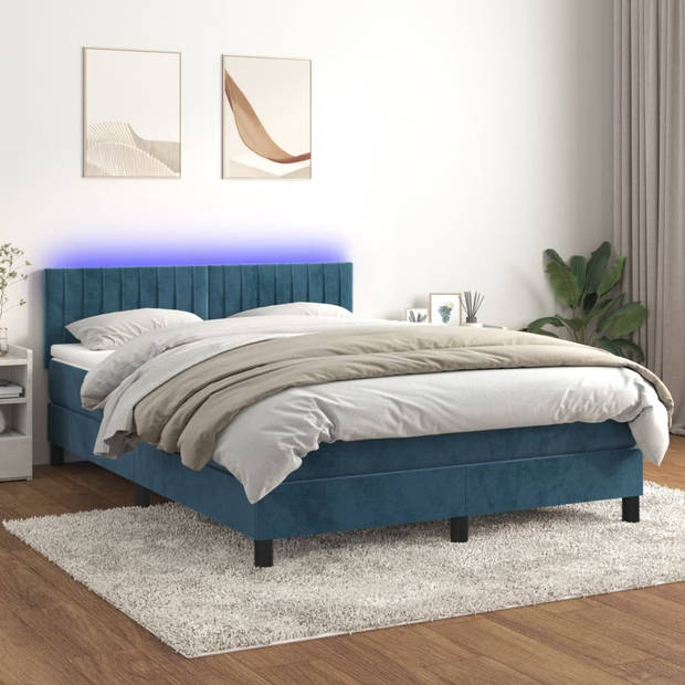 vidaXL Boxspring met matras en LED fluweel donkerblauw 140x190 cm