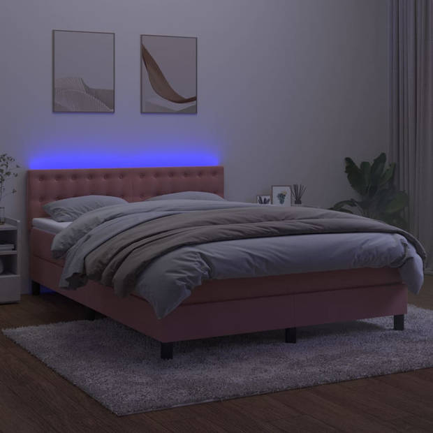 vidaXL Boxspring met matras en LED fluweel roze 140x190 cm