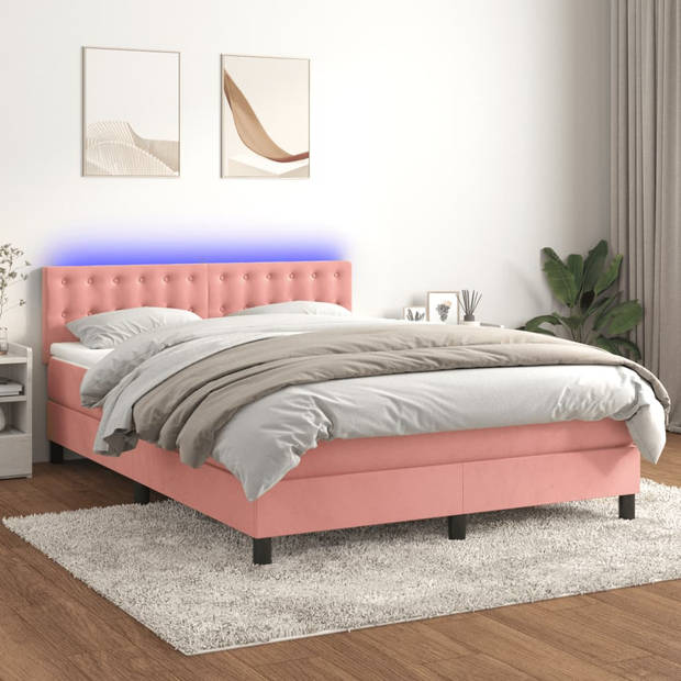 vidaXL Boxspring met matras en LED fluweel roze 140x190 cm