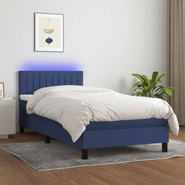 vidaXL Boxspring met matras en LED stof blauw 90x190 cm