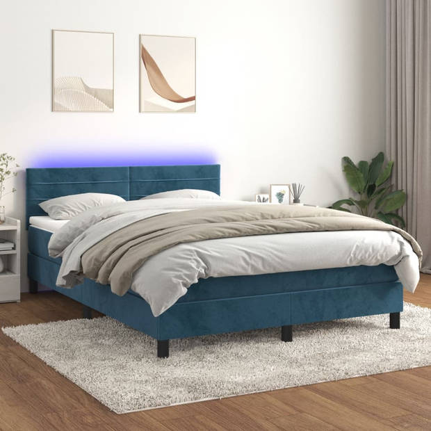 vidaXL Boxspring met matras en LED fluweel donkerblauw 140x190 cm