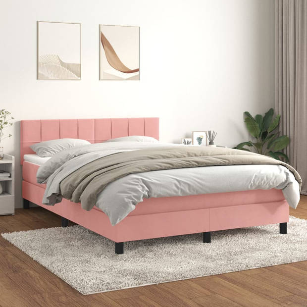 vidaXL Boxspring met matras fluweel roze 140x190 cm