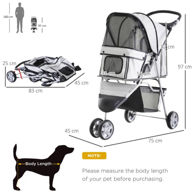 Zenzee - Hondenbuggy - Honden buggy - Hondentrolley - Hondenwagen - Opvouwbaar - Parkeerrem - Opbergruimte - Grijs