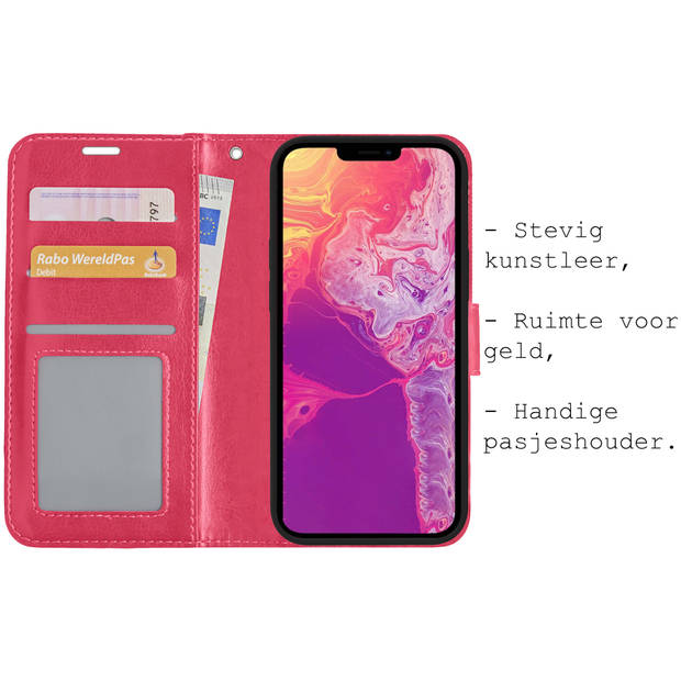 Basey iPhone 13 Hoesje Book Case Kunstleer Cover Hoes -Donkerroze