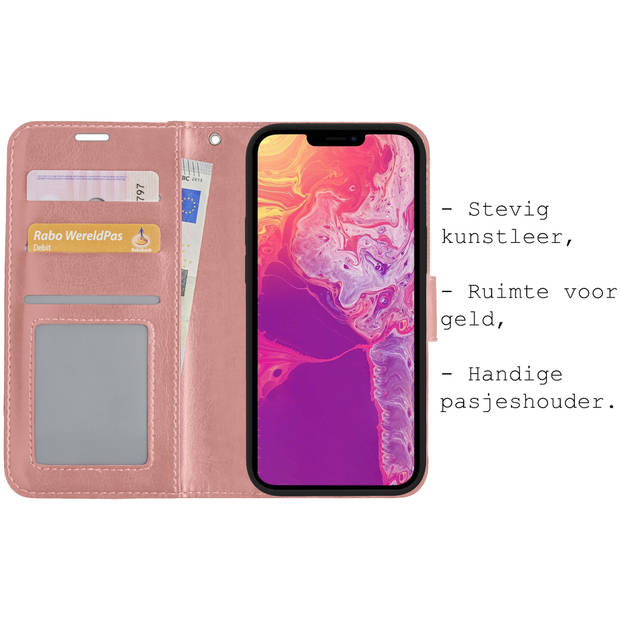 Basey iPhone 14 Pro Hoesje Book Case Kunstleer Cover Hoes -Rose Goud