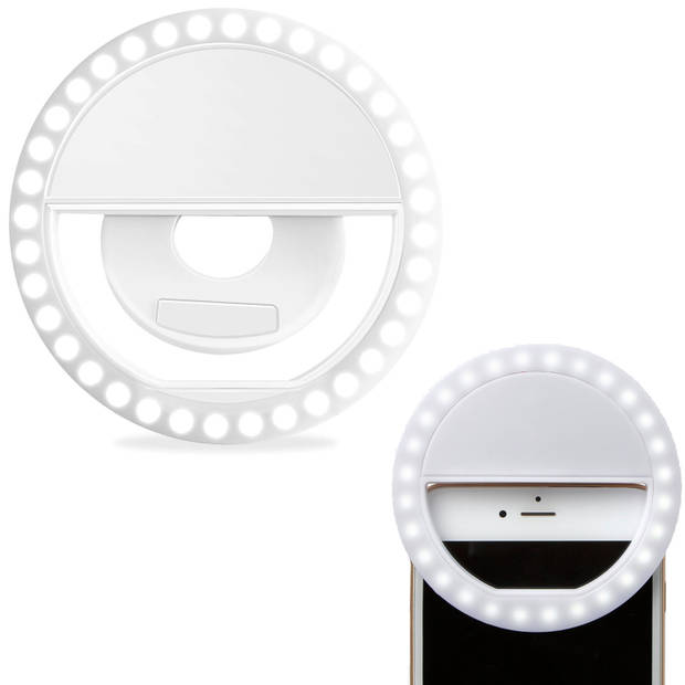 Basey Selfie Ring Light Universeel - Selfie Ring Lamp Met Clip Universeel - Selfie Ringlight LED Light Oplaadbaar - Wit