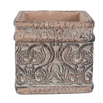 Clayre & Eef Bloempot 13x13x12 cm Bruin Groen Steen Vierkant Bloempot binnen Bruin Bloempot binnen