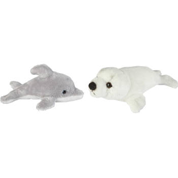 Zeedieren serie zachte pluche knuffels 2x stuks - Dolfijn en Zeehond pup van 15 cm - Knuffel zeedieren