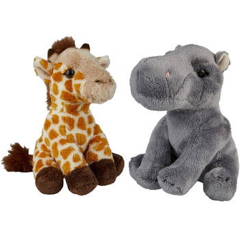 Safari dieren serie pluche knuffels 2x stuks - Nijlpaard en Giraffe van 15 cm - Knuffeldier