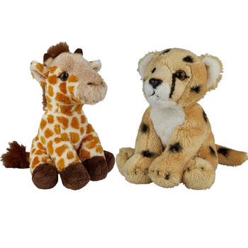 Safari dieren serie pluche knuffels 2x stuks - Cheetah en Giraffe van 15 cm - Knuffeldier