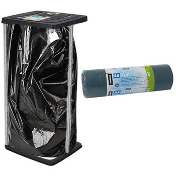 Staande vuilniszakhouder prullenbak zwart 60L incl. 25x vuilniszakken - Prullenbakken