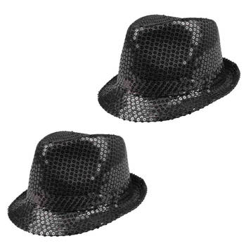 2x Stuks Trilby hoeden met pailletten - zwart - glitter - Verkleedhoofddeksels