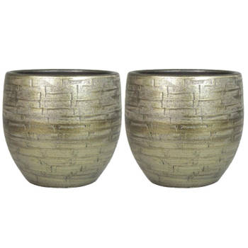 Set van 2x plantenpot/bloempot keramiek glans goud stones patroon - D16/H14 cm - Plantenpotten