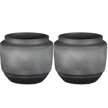 2x stuks plantenpot/bloempot - zwart met relief - D21/H17 cm - Plantenpotten