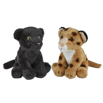 Safari dieren serie pluche knuffels 2x stuks - Zwarte Panter en Luipaard van 15 cm - Knuffeldier