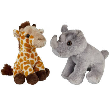 Safari dieren serie pluche knuffels 2x stuks - Neushoorn en Giraffe van 15 cm - Knuffeldier