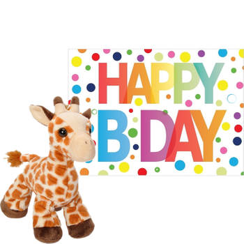 Pluche dieren knuffel giraffe 18 cm met Happy Birthday wenskaart - Knuffeldier