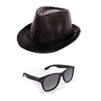 Carnaval verkleed set glitter hoed en party bril zwart - Verkleedhoofddeksels