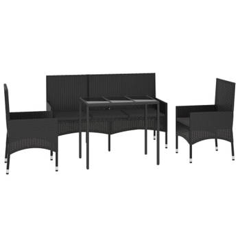 vidaXL 4-delige Loungeset met kussens poly rattan zwart