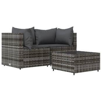 vidaXL 3-delige Loungeset met kussens poly rattan grijs