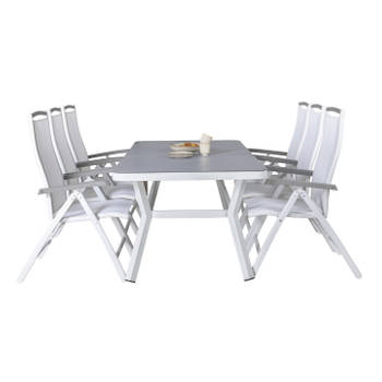Virya tuinmeubelset tafel 100x200cm en 6 stoel 5posalu Albany wit, grijs.