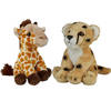 Safari dieren serie pluche knuffels 2x stuks - Cheetah en Giraffe van 15 cm - Knuffeldier