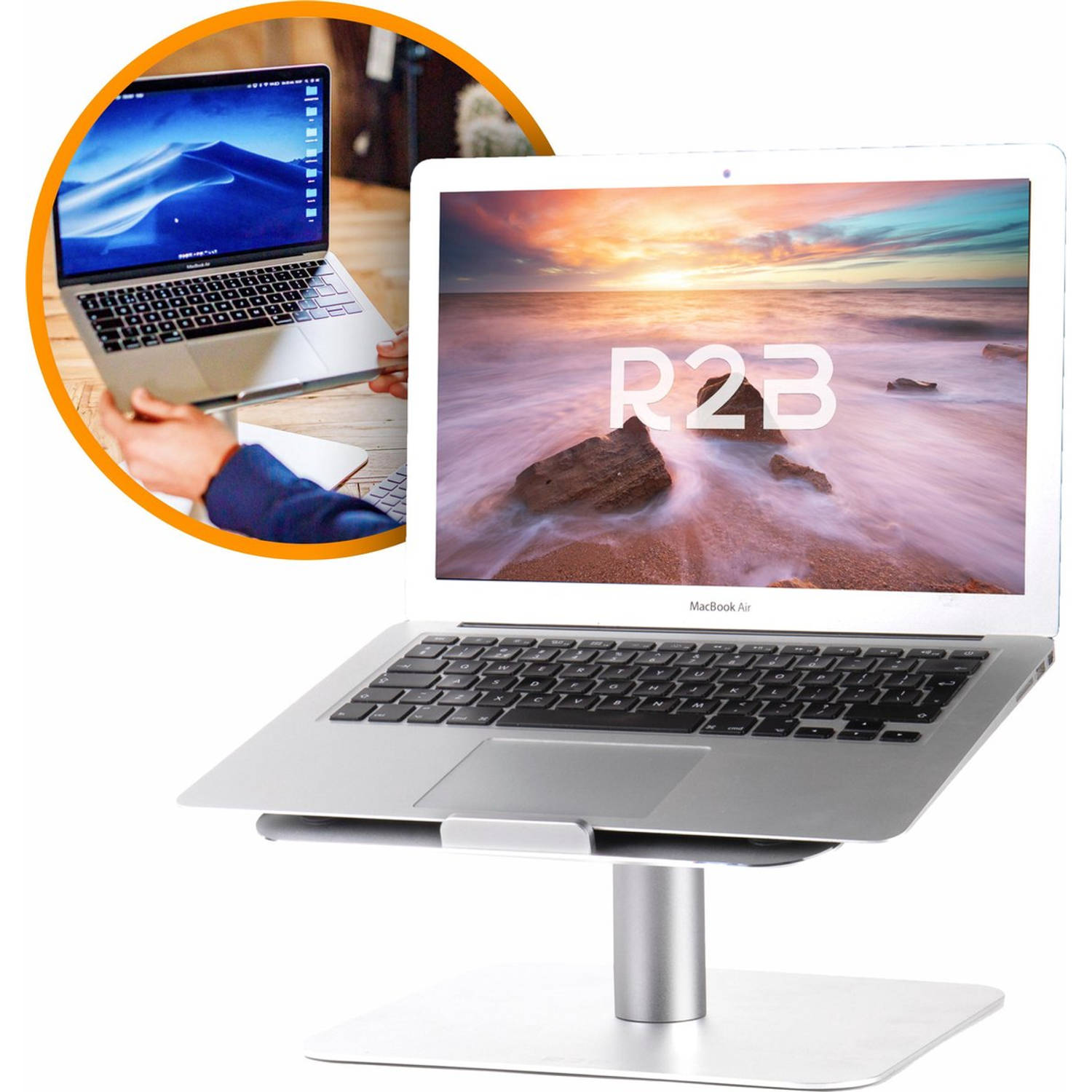 R2b® Laptop Standaard Verstelbaar En Draaibaar 360 Graden Rotatie Model Waalwijk 10 T-m 17 Inch Zilv