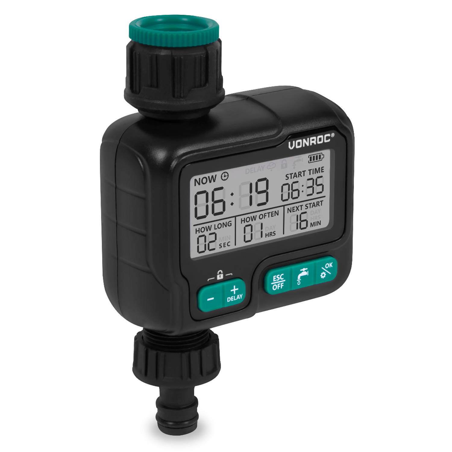 VONROC Watertimer - Besproeiingscomputer - digitaal - automatisch irrigatiesysteem – ruim instelbare interval en duur: 1uur tot 15 dagen/ 1sec tot 99min – IPX5 waterbestendig
