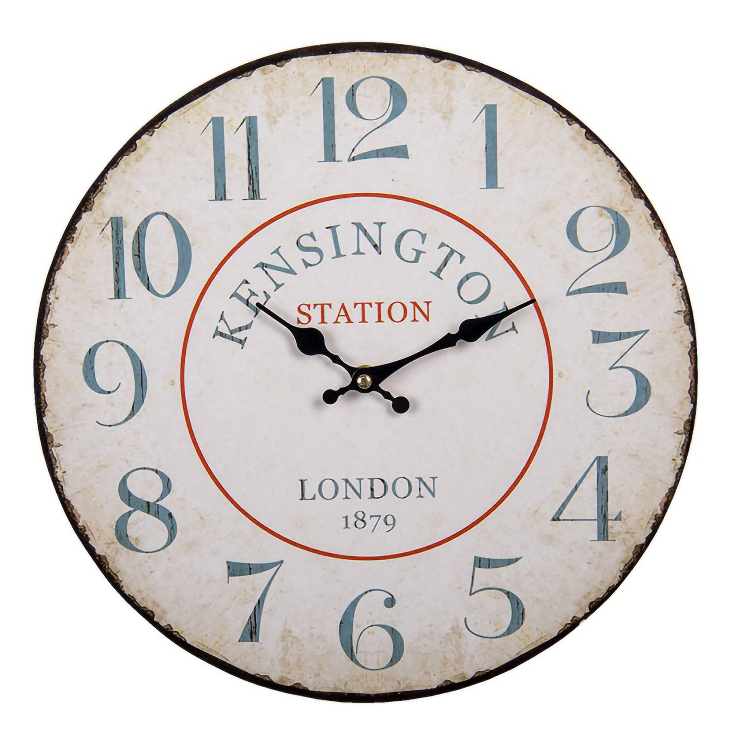 HAES DECO - Wandklok 34 cm Vintage Wit met tekst Kensington Station - Wijzerplaat met Cijfers - Ronde MDF Klok - Muurklok Hangklok Keukenklok