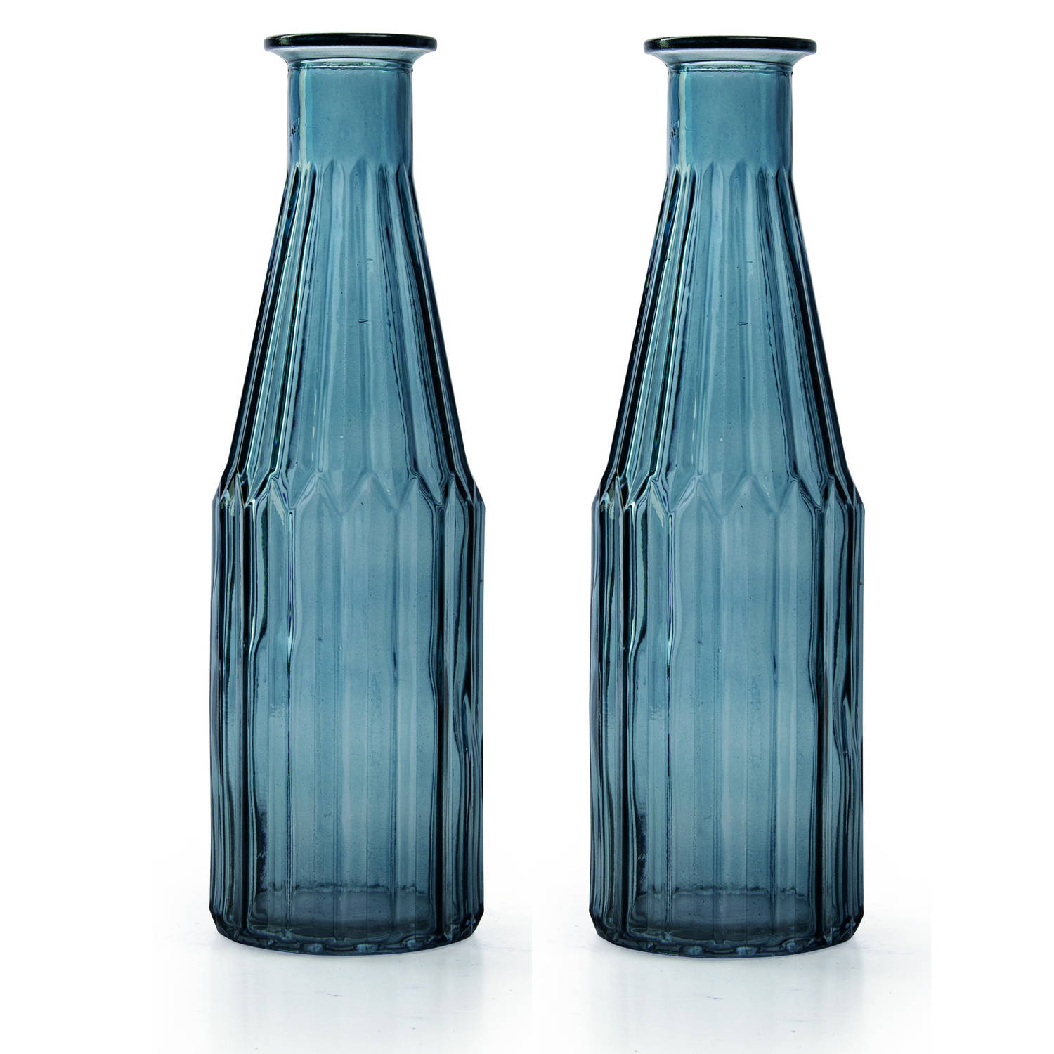 Jodeco Bloemenvaas Marseille - Fles model - glas - blauw - H25 x D7 cm - Vazen