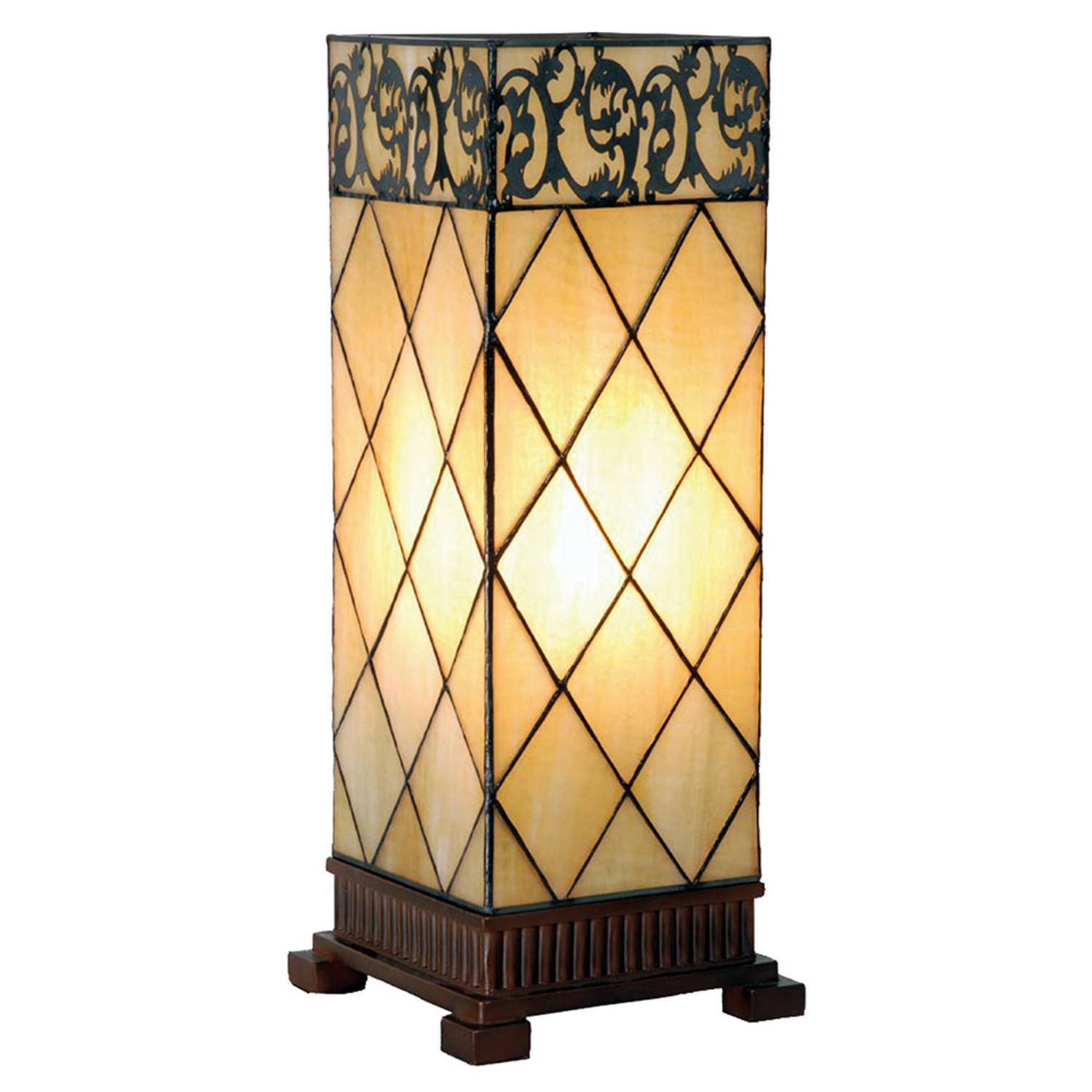 HAES DECO - Tiffany Tafellamp 18x45 cm Beige Bruin Glas Vierkant Tiffany Bureaulamp Tiffany Lampen Glas in Lood