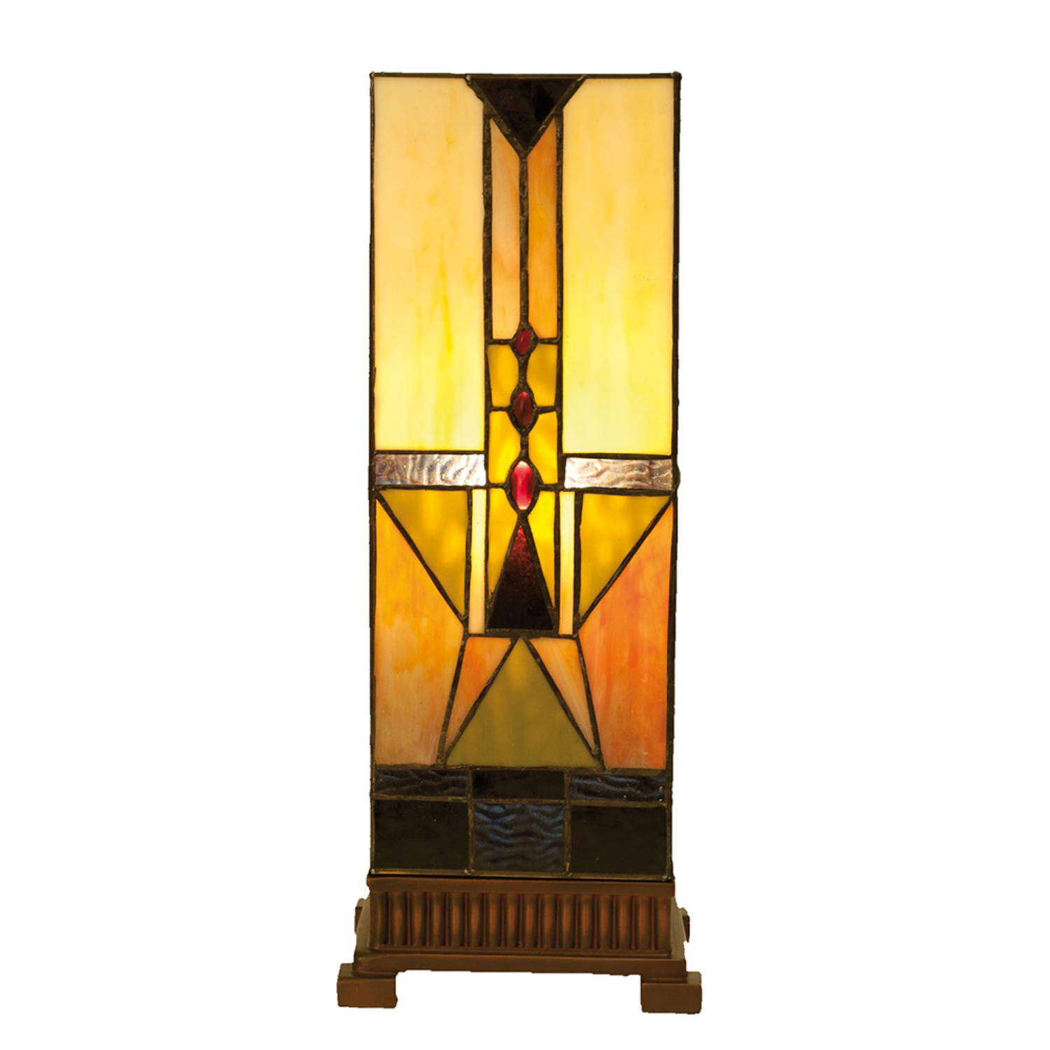 HAES DECO - Tiffany Tafellamp 18x18x45 cm Beige Bruin Glas Vierkant Tiffany Bureaulamp Tiffany Lampen Glas in Lood