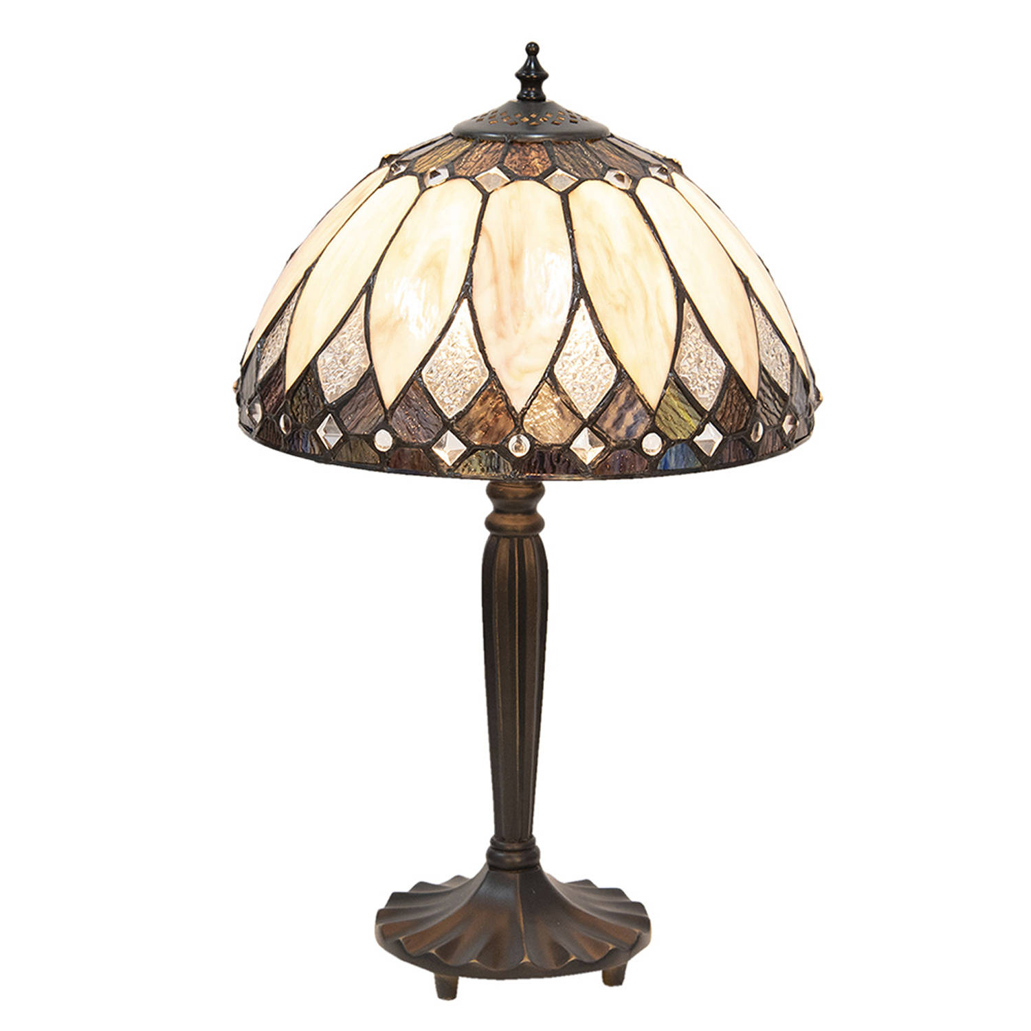 HAES DECO - Tiffany Tafellamp Ø 30x46 cm Beige Bruin Glas Tiffany Bureaulamp Tiffany Lampen Glas in Lood