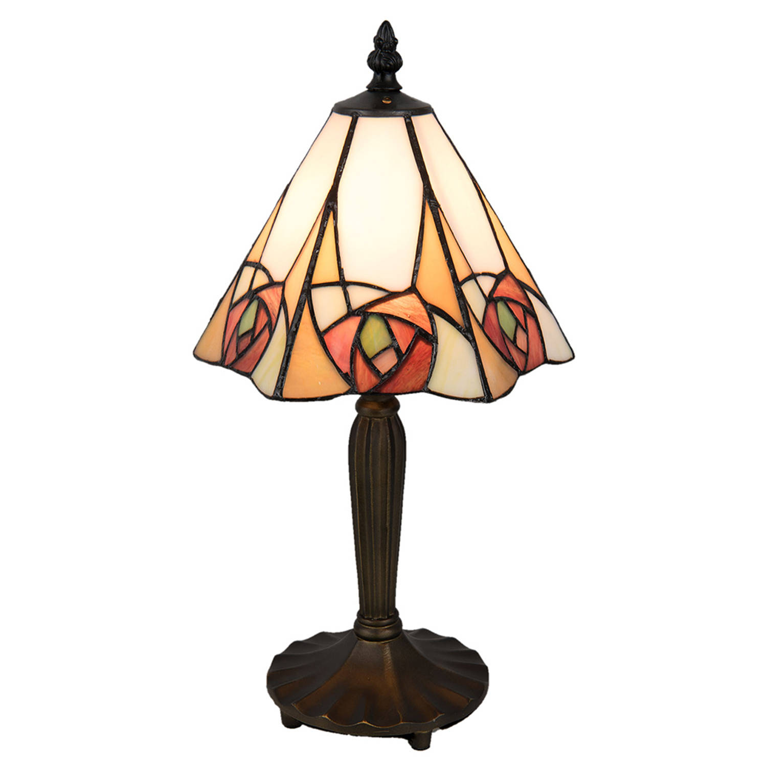 HAES DECO - Tiffany Tafellamp 20x18x37 cm Beige Geel Glas Driehoek Roos Tiffany Bureaulamp Tiffany Lampen Glas in Lood