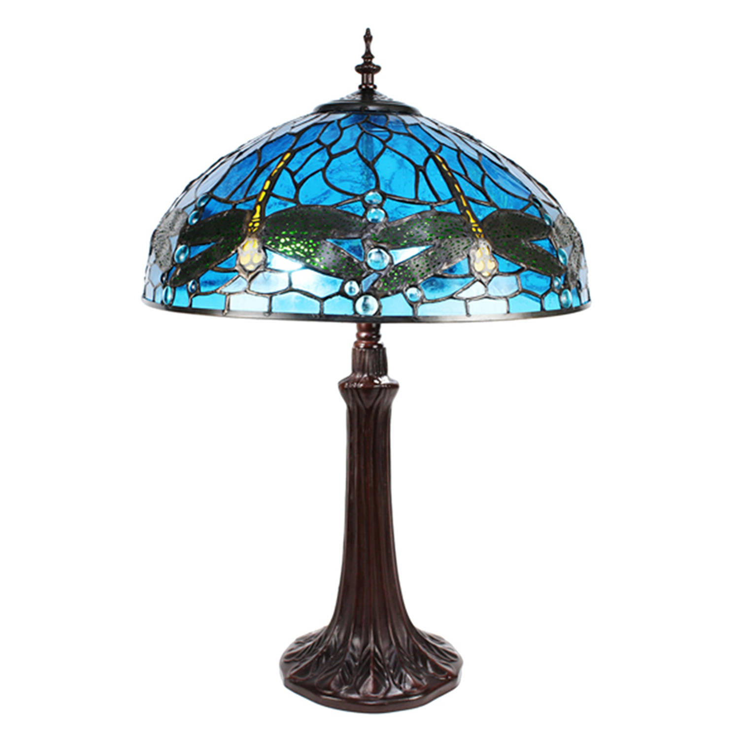 HAES DECO - Tiffany Tafellamp Ø 41x57 cm Blauw Metaal Glas Libelle Tiffany Bureaulamp Tiffany Lampen Glas in Lood