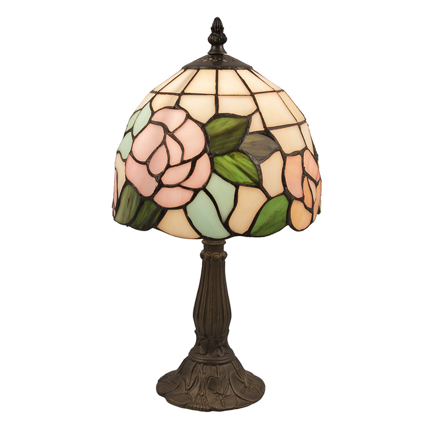 HAES DECO - Tiffany Tafellamp Ø 20x36 cm Beige Roze Glas Roos Tiffany Bureaulamp Tiffany Lampen Glas in Lood