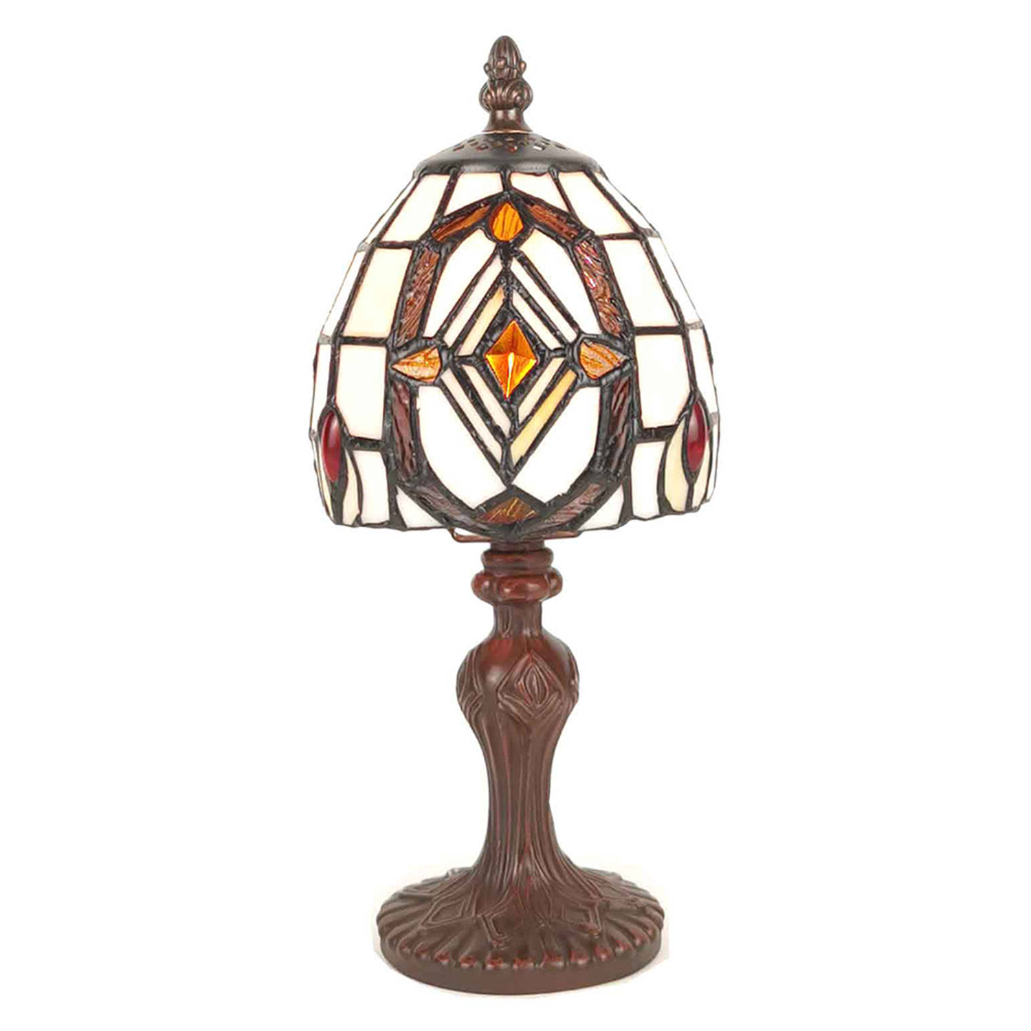 HAES DECO - Tiffany Tafellamp Ø 13x 29 cm Wit Bruin Kunststof Glas Tiffany Bureaulamp Tiffany Lampen Glas in Lood