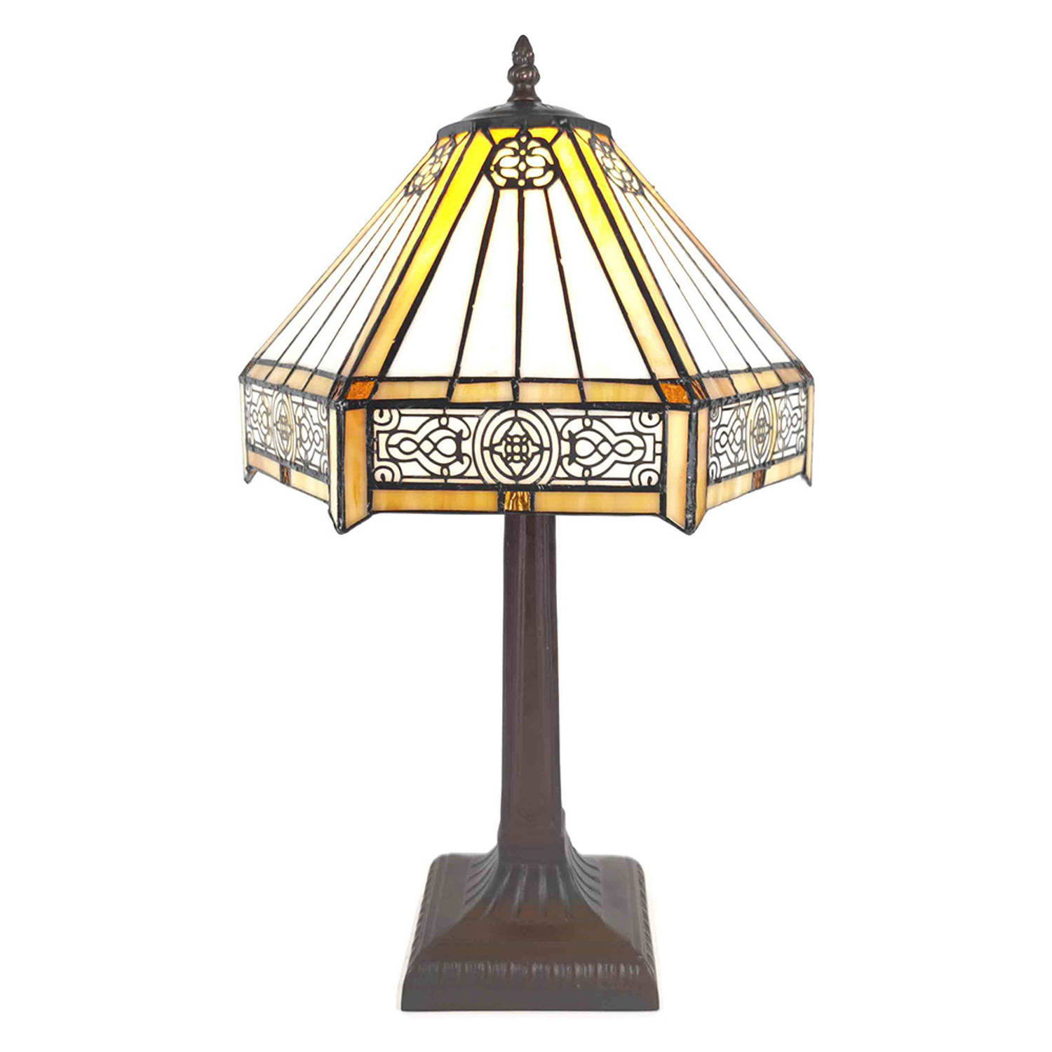 HAES DECO - Tiffany Tafellamp Ø 30x50 cm Beige Bruin Kunststof Glas Zeshoek Tiffany Bureaulamp Tiffany Lampen Glas in Lood