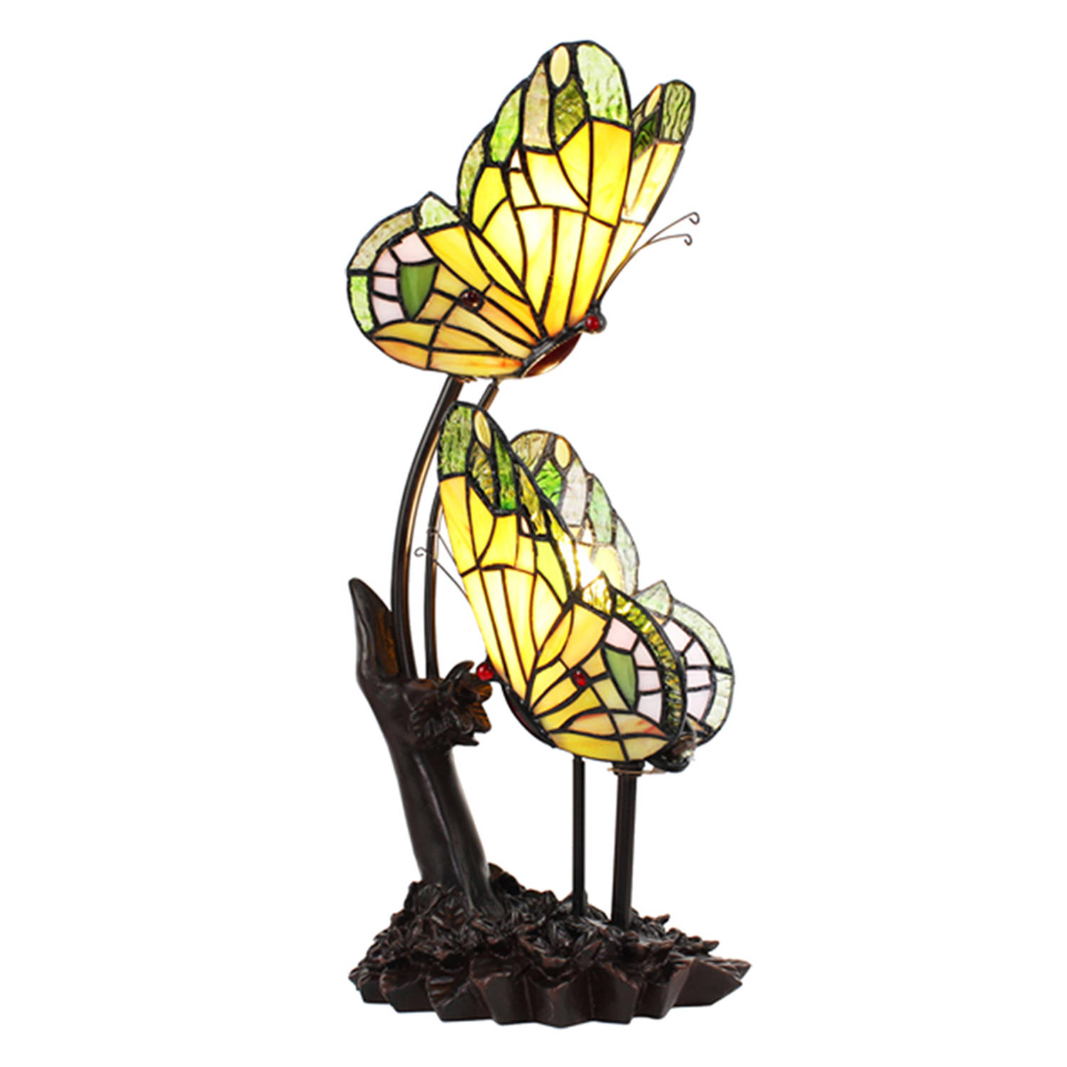 HAES DECO - Tiffany Tafellamp Vlinder 24x17x47 cm Geel Glas Tiffany Bureaulamp Tiffany Lampen Glas in Lood