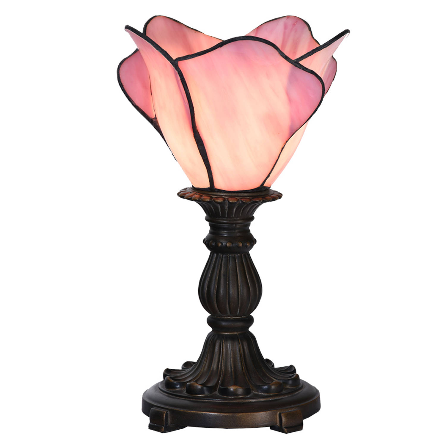 HAES DECO - Tiffany Tafellamp Ø 20x30 cm Roze Glas Bloem Tiffany Bureaulamp Tiffany Lampen Glas in Lood