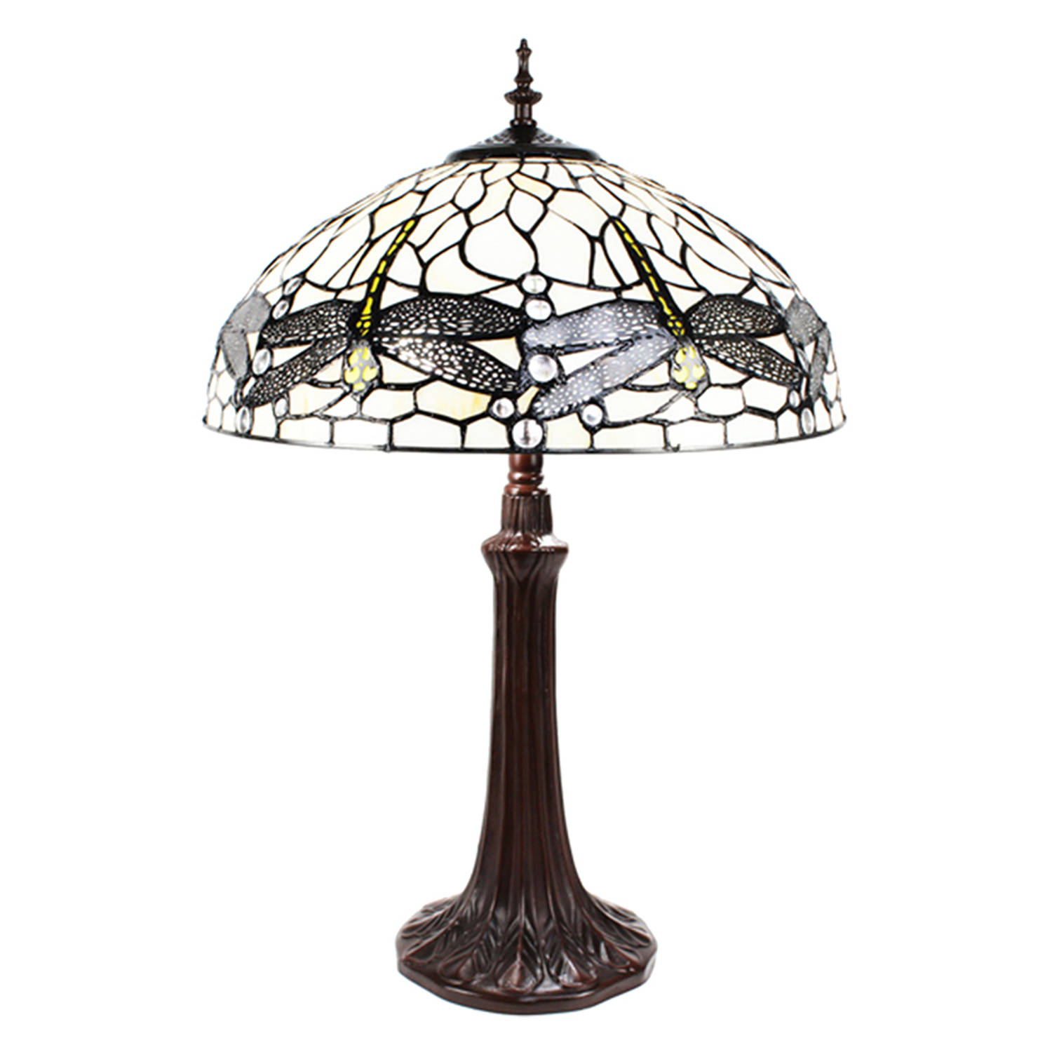HAES DECO - Tiffany Tafellamp Ø 41x59 cm Wit Zwart Metaal Glas Libelle Tiffany Bureaulamp Tiffany Lampen Glas in Lood