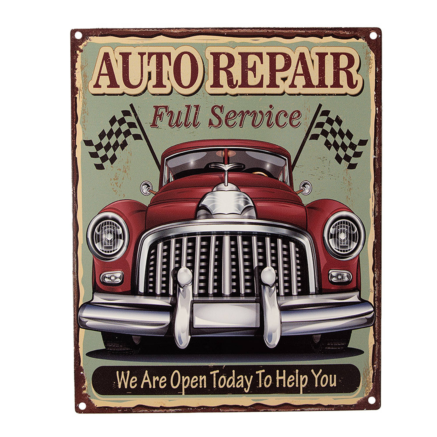 Clayre & Eef Tekstbord 20x25 Cm Groen Rood Ijzer Auto Auto Repair We Are Open Today To Help You Wand